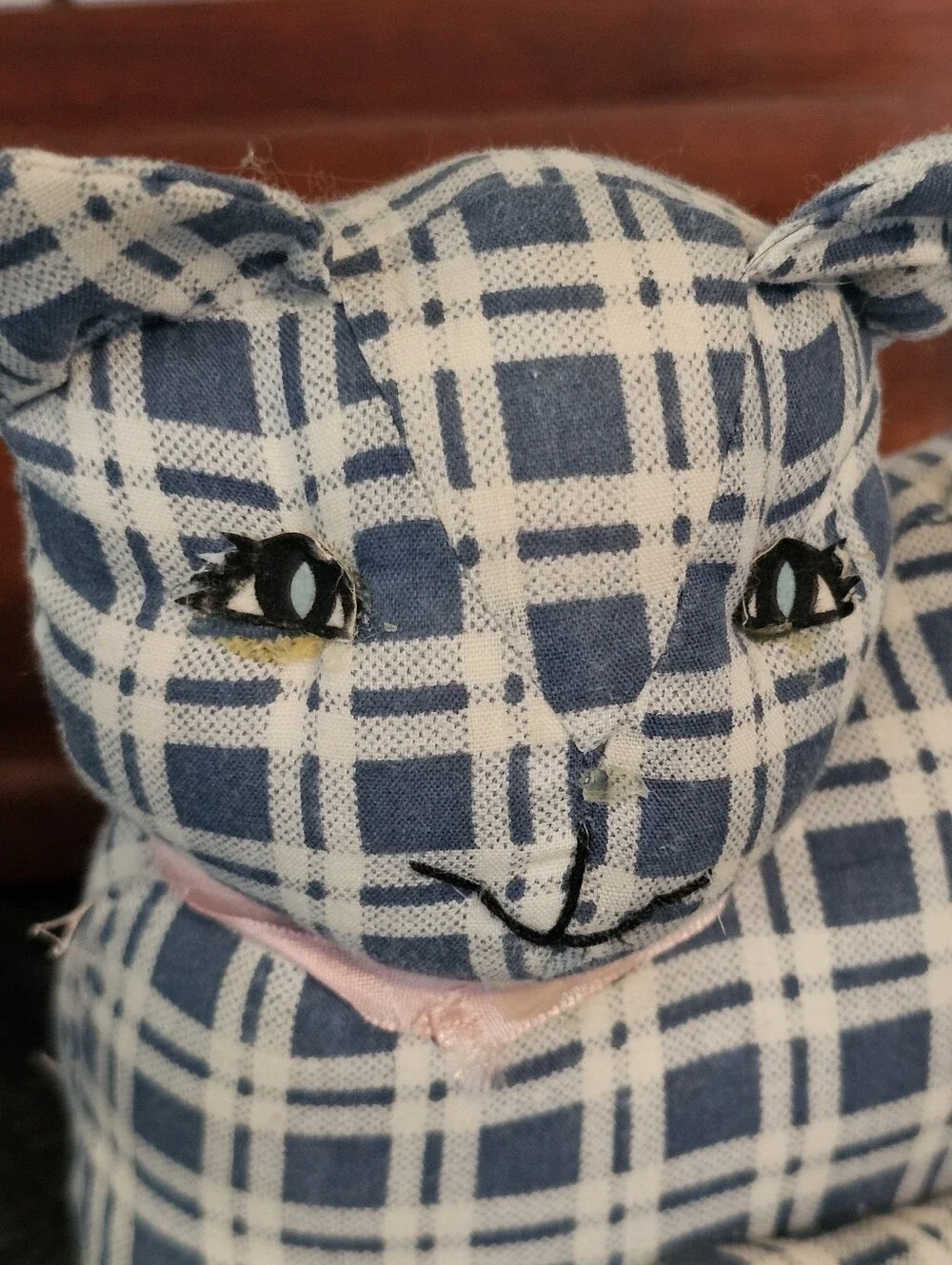 Cottagecore Grandma Cat Gingham Plaid Plush Blue Stuffy Shelf Sitter Corticelli